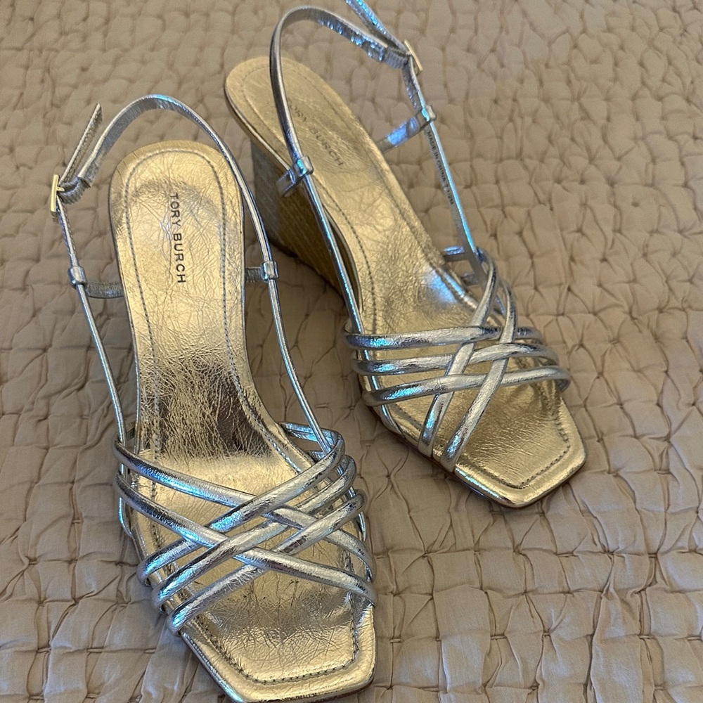 Tory Burch Metallic Silver Wedge Sandals